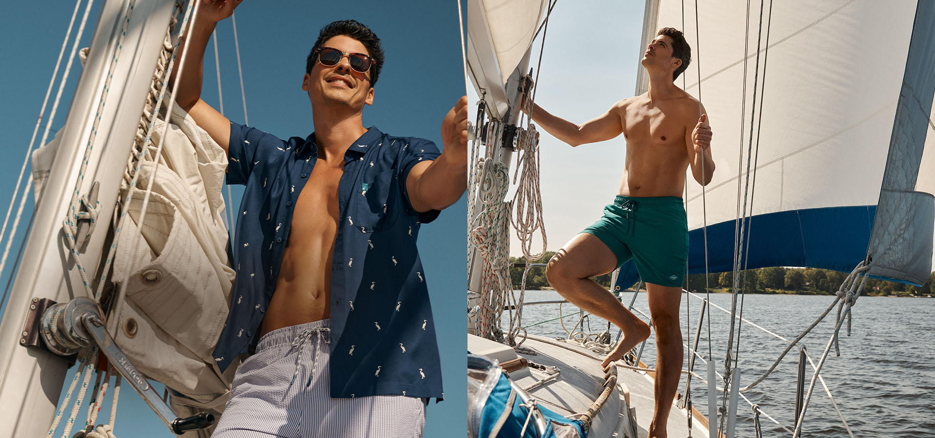 Man aboard a sailboat, wearing volley swim shorts and a Shoreline Seven shirt. 