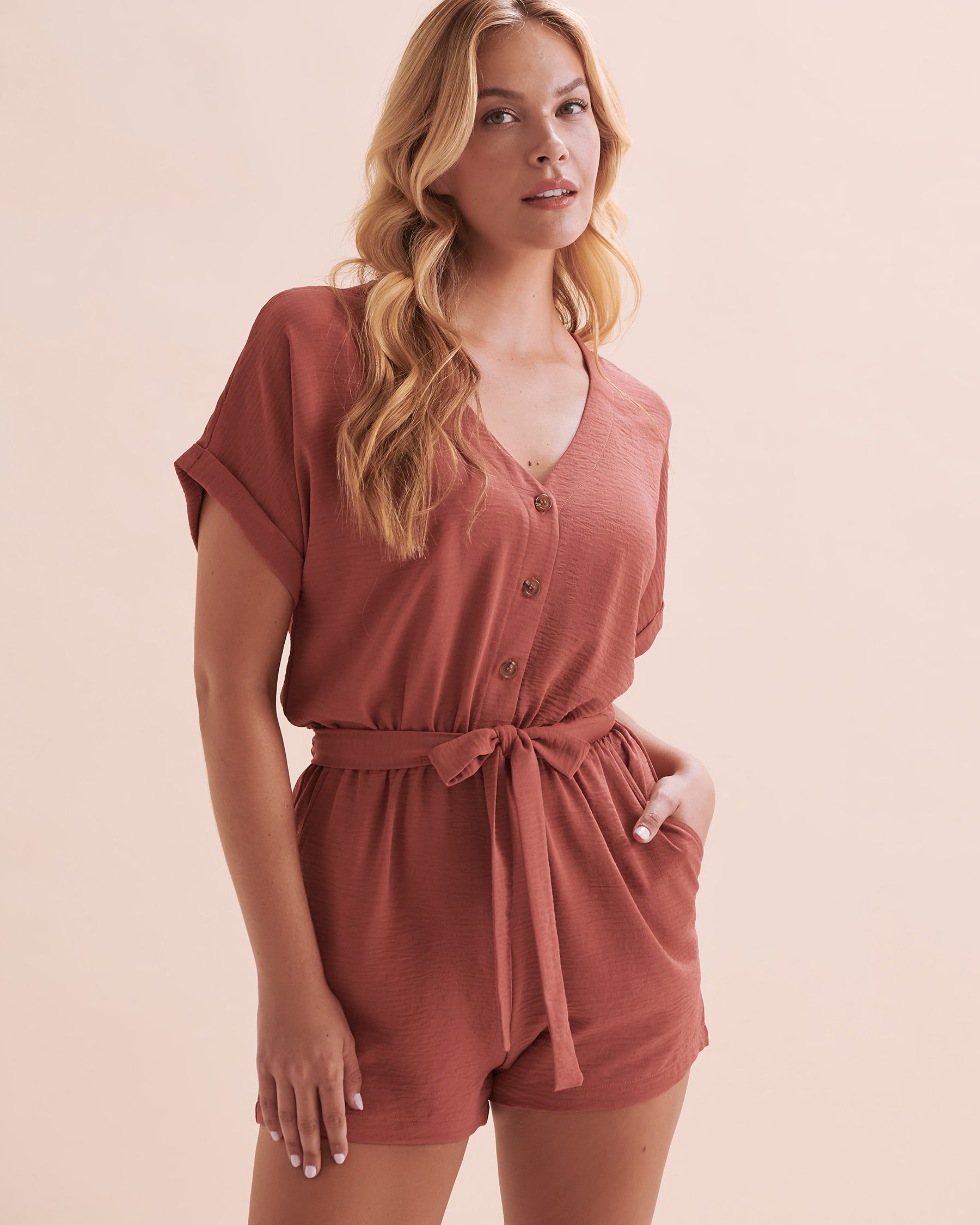 TURQUOISE COUTURE Short Sleeve Crinkle Romper Marsala 02300126 - View5