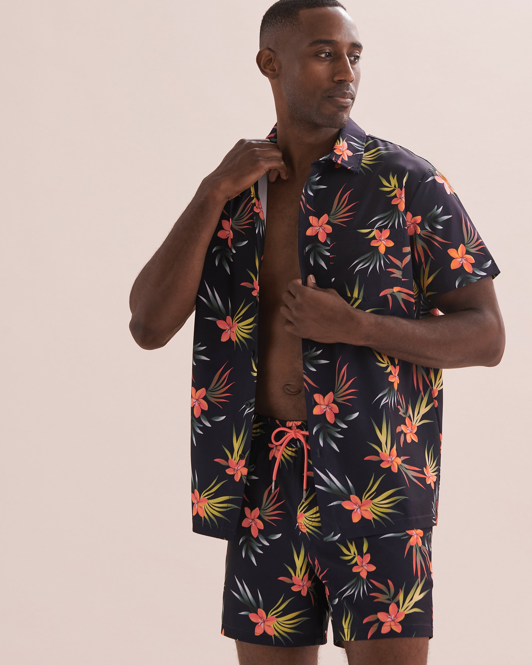 HAMABE Short Sleeve Shirt Navy/Tropics 04100023 - View1