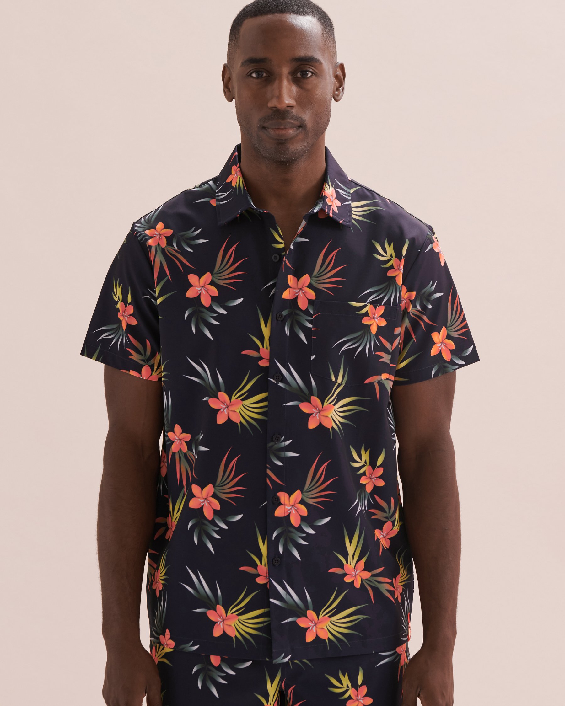 HAMABE Short Sleeve Shirt Navy/Tropics 04100023 - View4