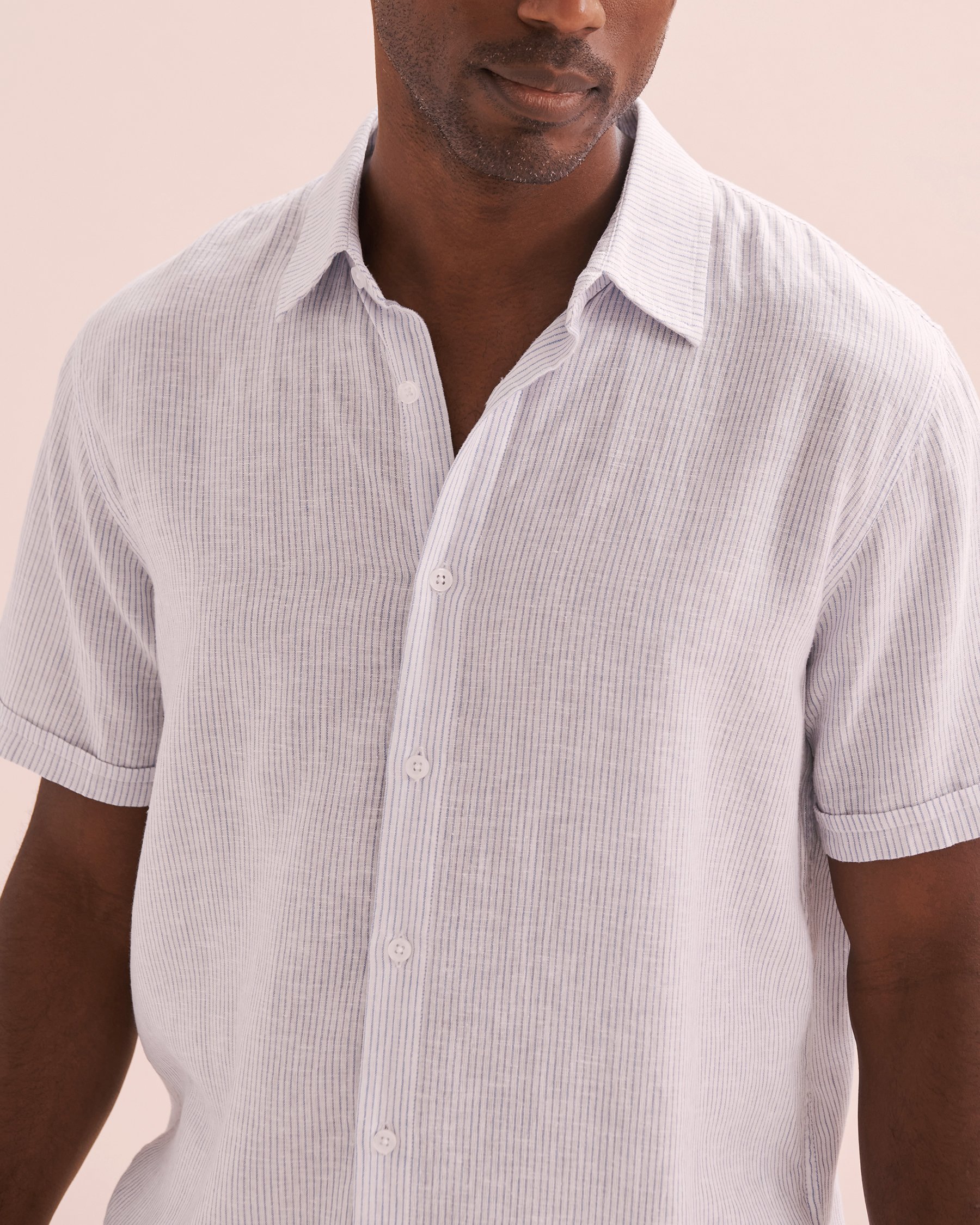 PUBLIC BEACH Linen Striped Short Sleeve Shirt Blue Striped PB7216BIK - View3