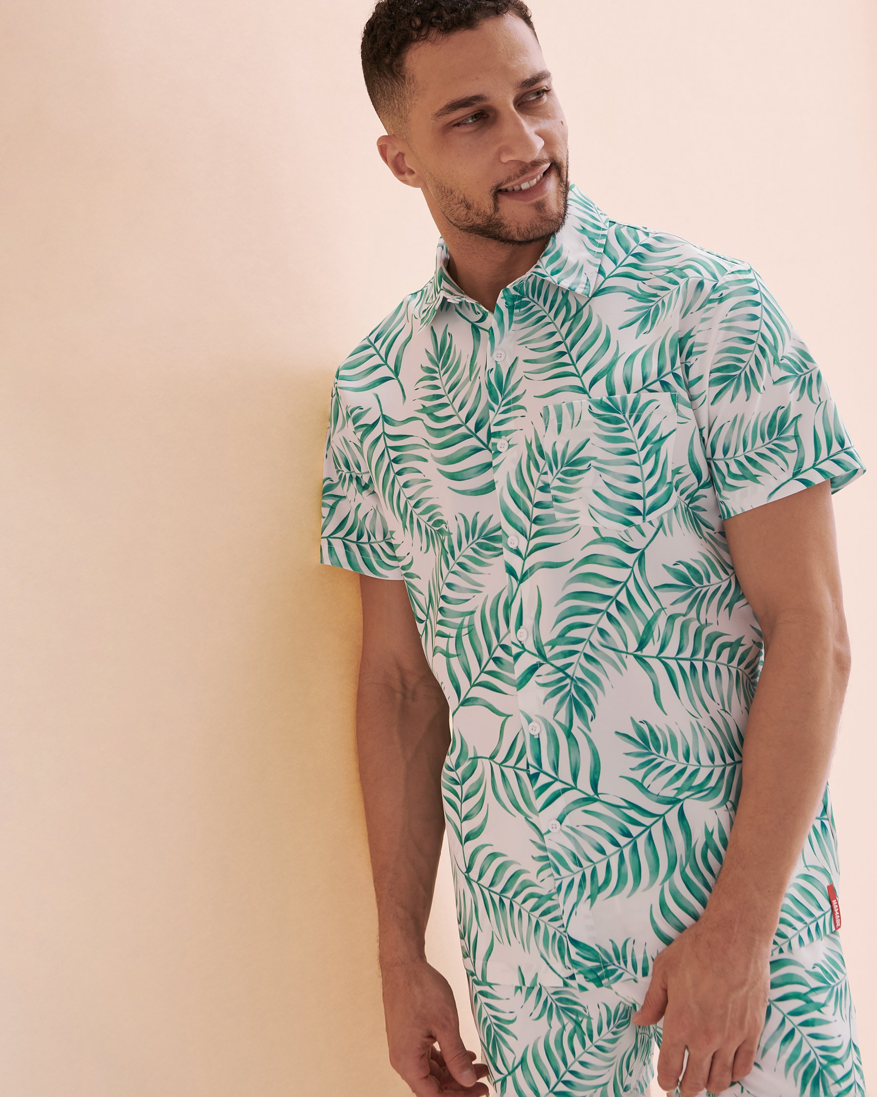 HAMABE Short Sleeve Shirt White and Green Tropical 04100019 - View2