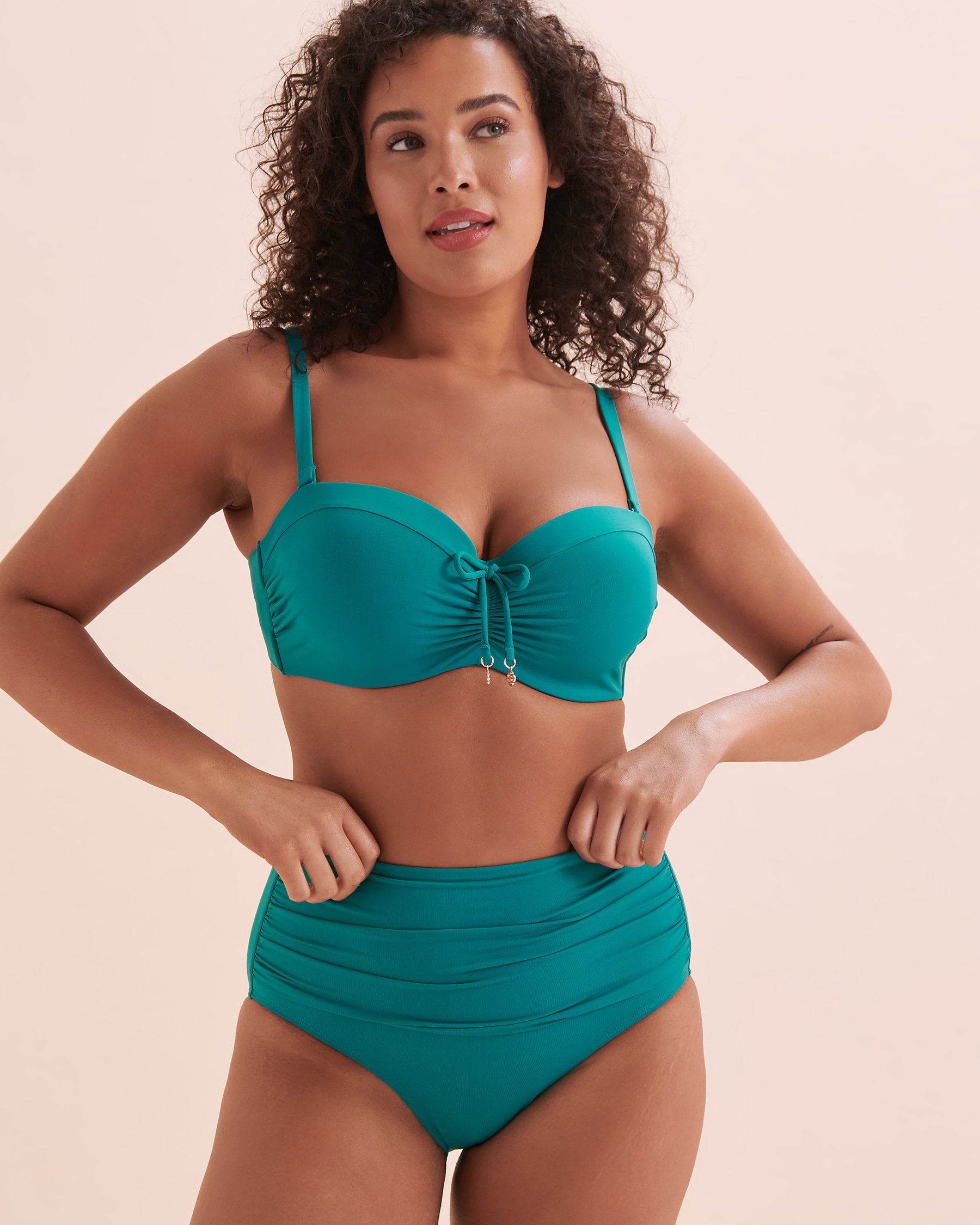 TURQUOISE COUTURE Bas de bikini taille haute plissée Blue Paradise Bleu aqua foncé 01300321 - View4