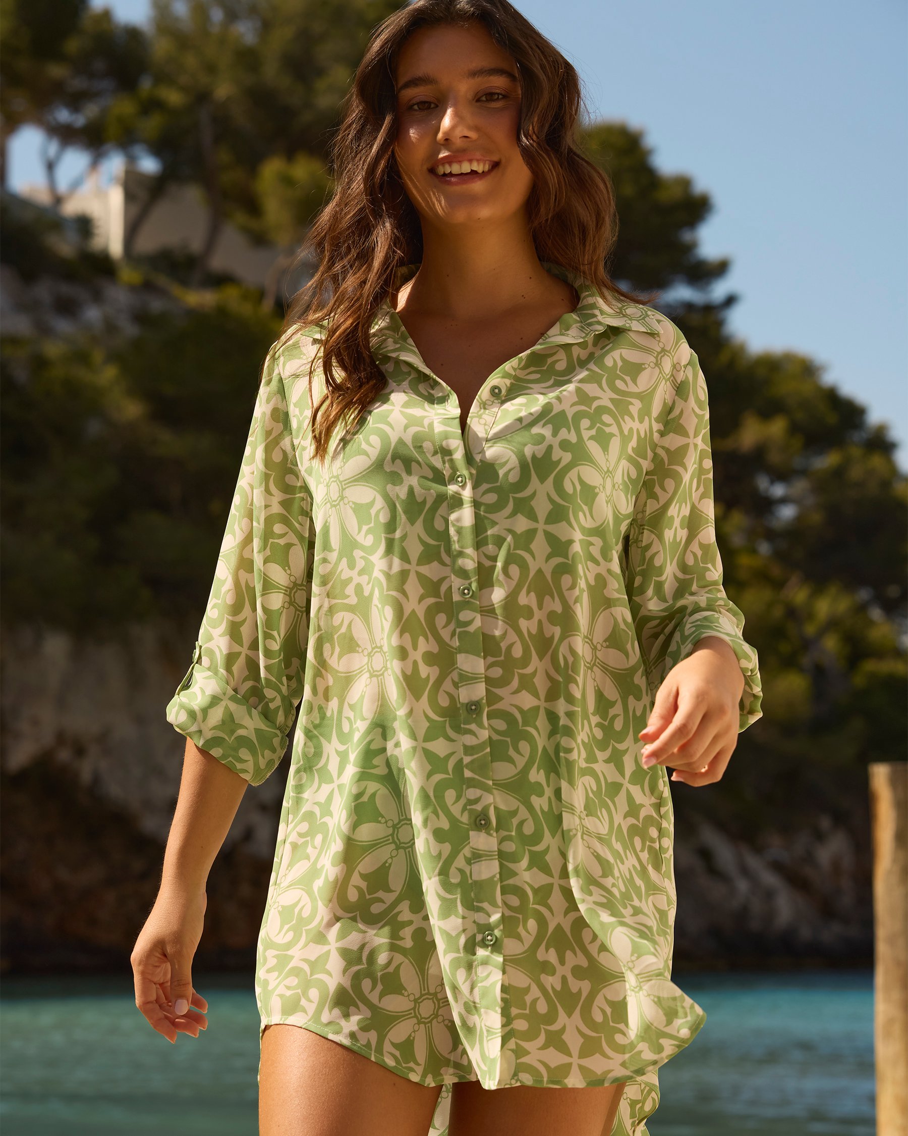 TURQUOISE COUTURE Chemise en mousseline à manches longues Mosaïque Vert Jade 02100037 - Voir3