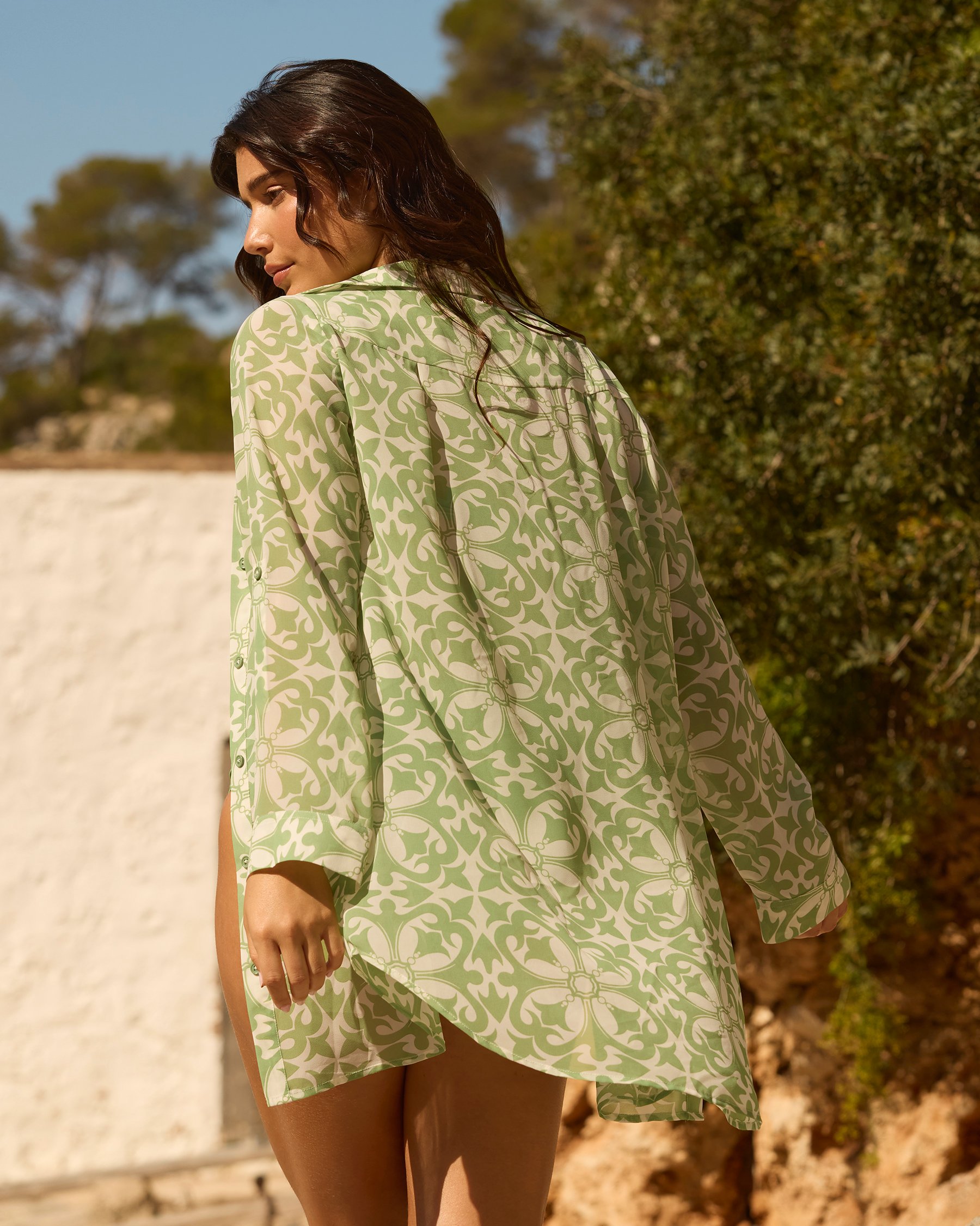 TURQUOISE COUTURE Long Sleeve Chiffon Shirt Jade Green Mosaic 02100037 - View2