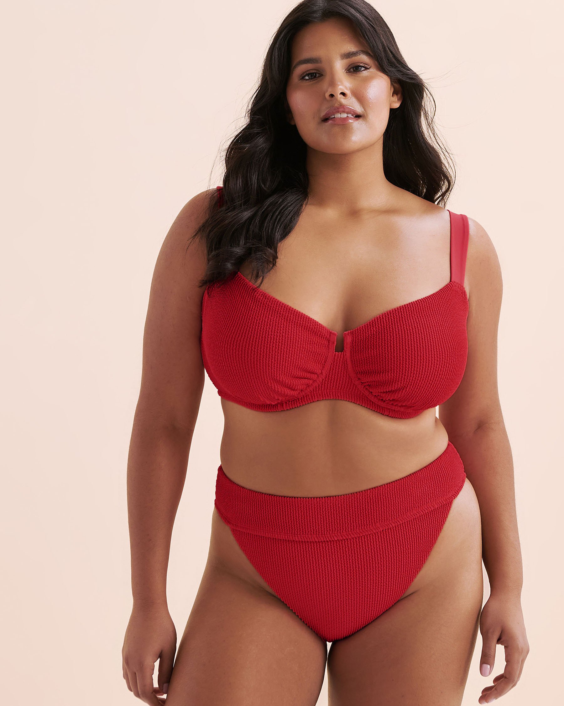 TROPIK Textured Smocked D Cup Plunge Bikini Top Red 01200106 - View4