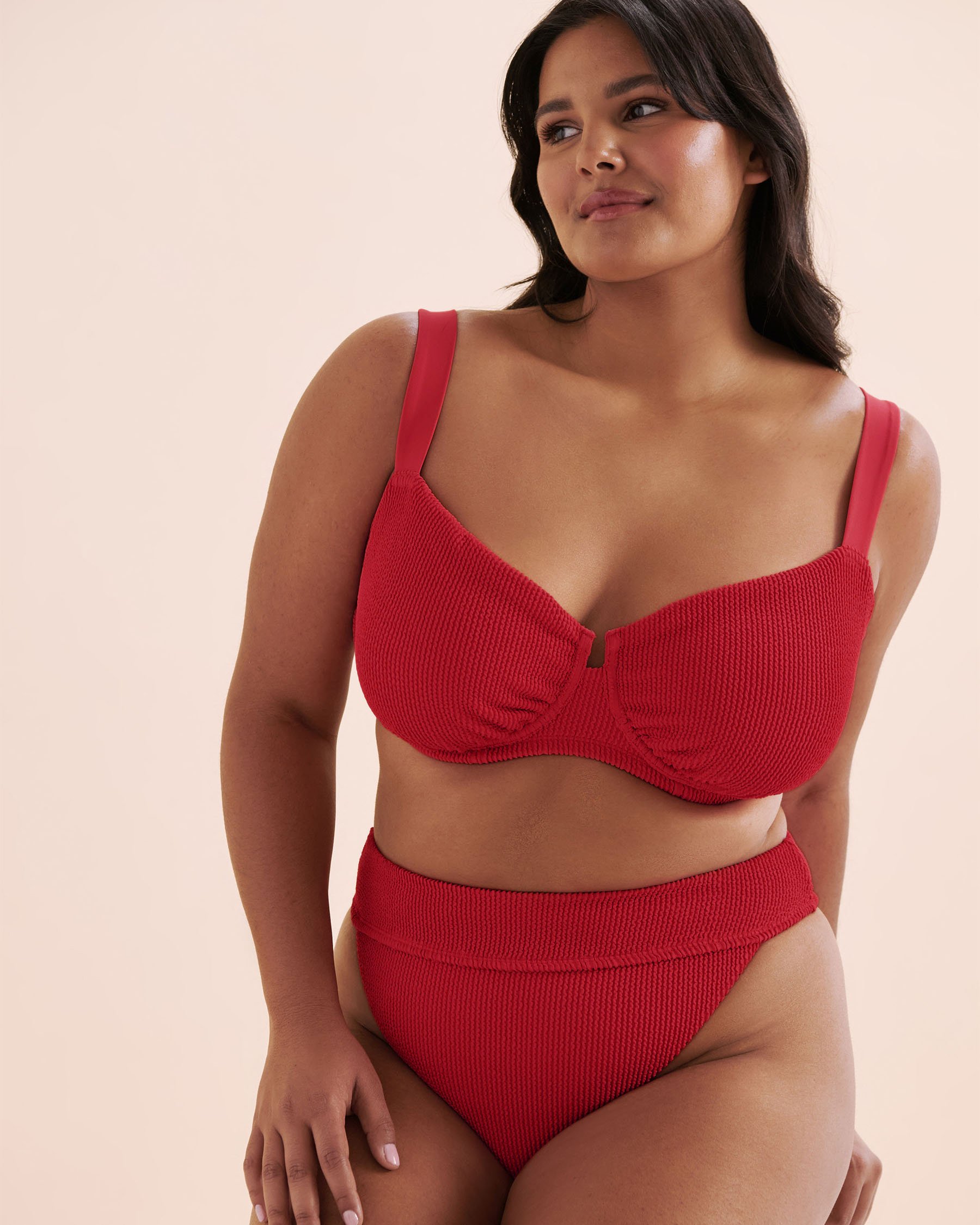 TROPIK Textured Smocked D Cup Plunge Bikini Top Red 01200106 - View7
