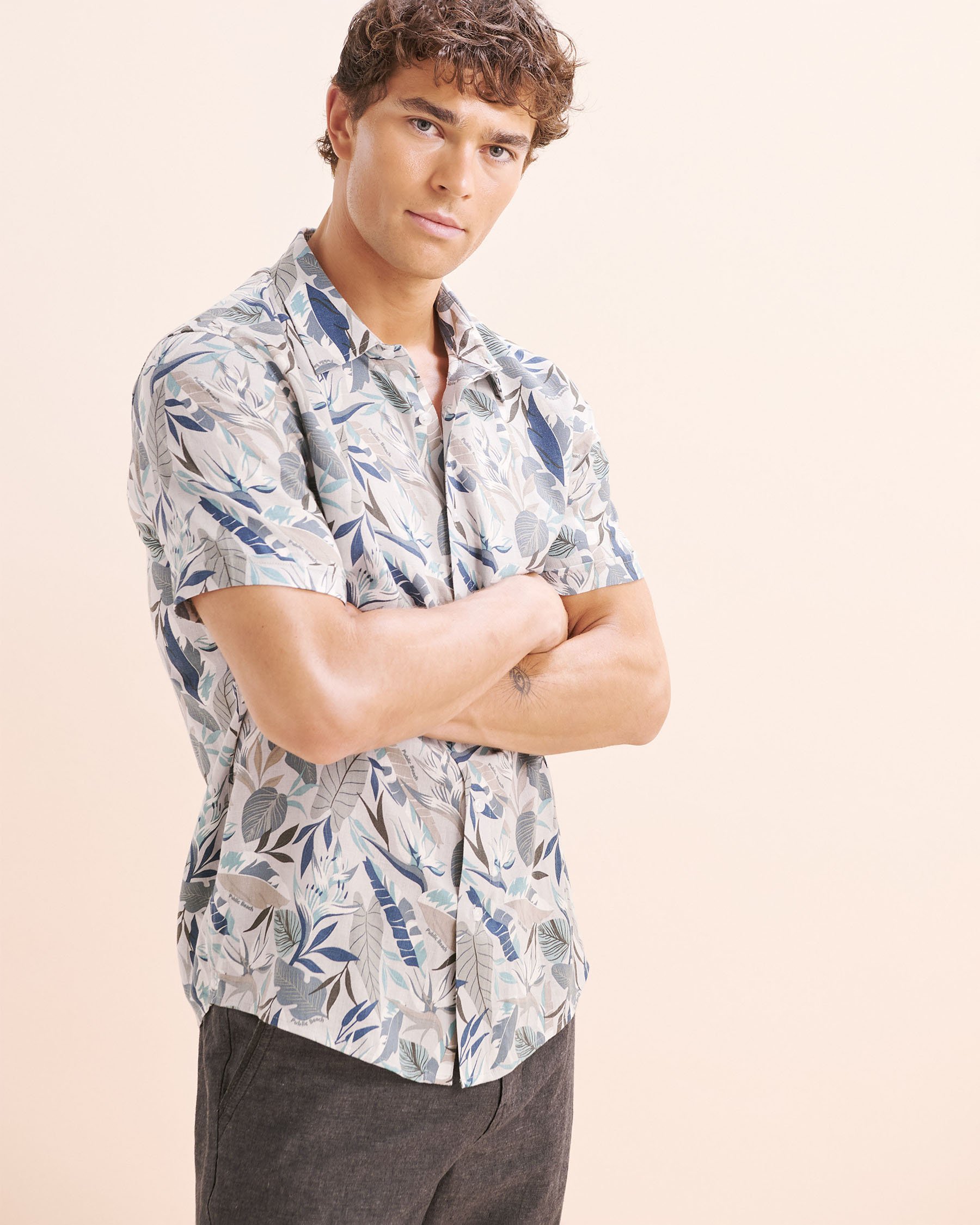 PUBLIC BEACH Printed Linen Blend Shirt Blue PB8207BIK - View1