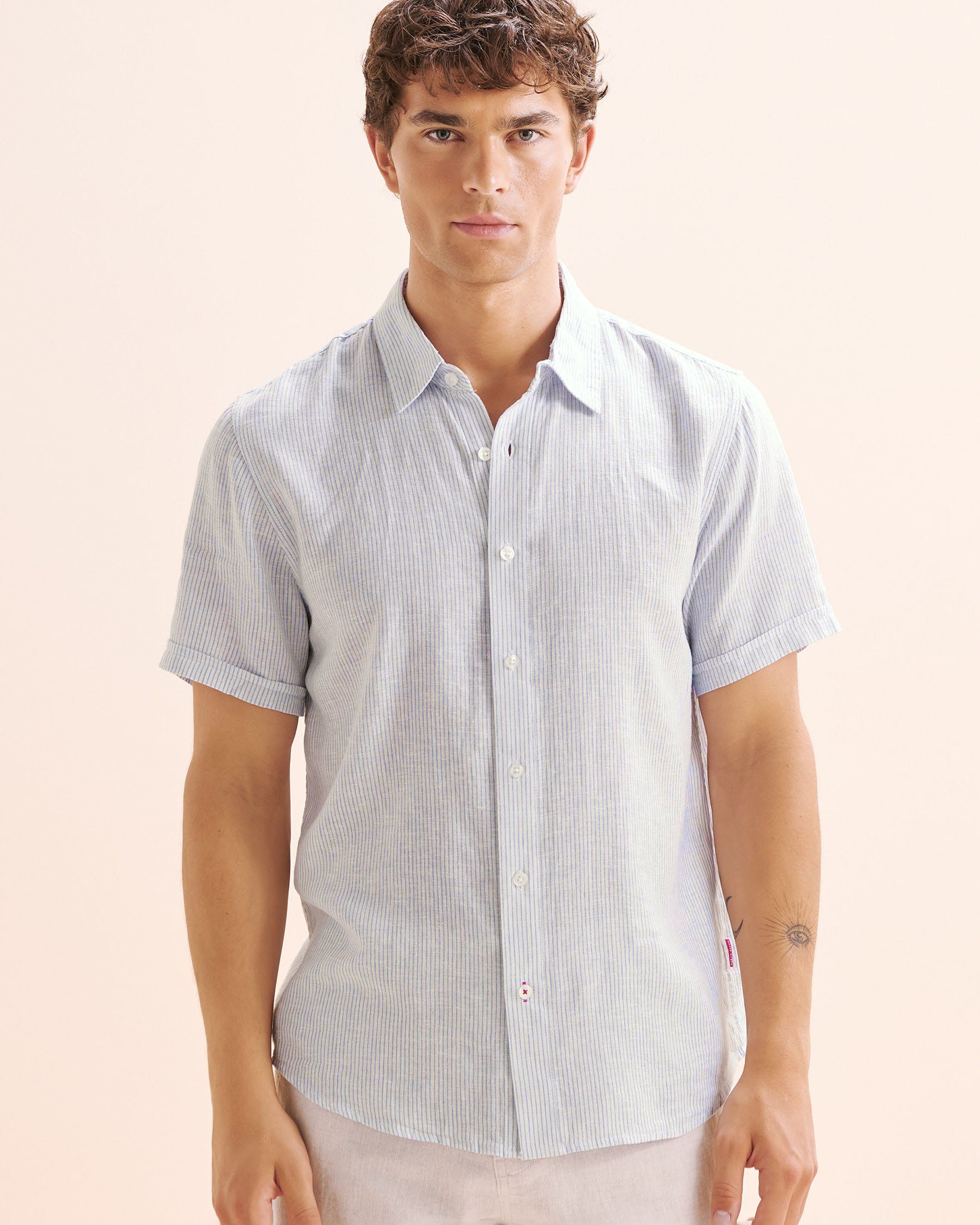 PUBLIC BEACH Stripe Linen Blend Shirt Blue PB8216BIK - View4