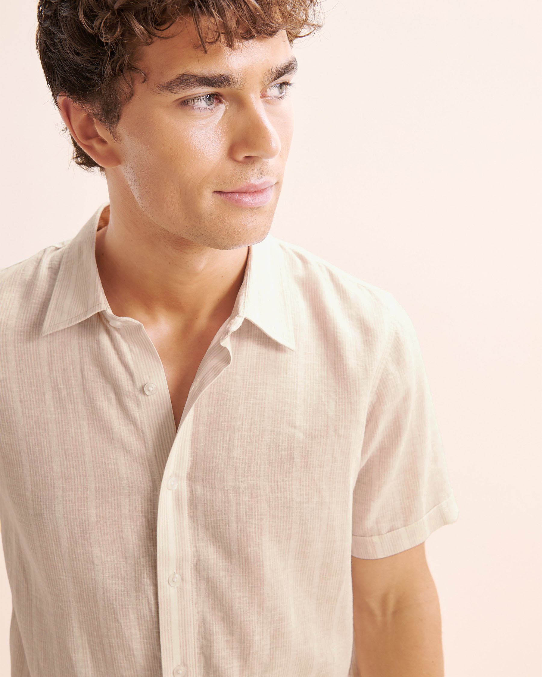 PUBLIC BEACH Chemise en mélange de lin rayé Beige PB8218BIK - Voir3
