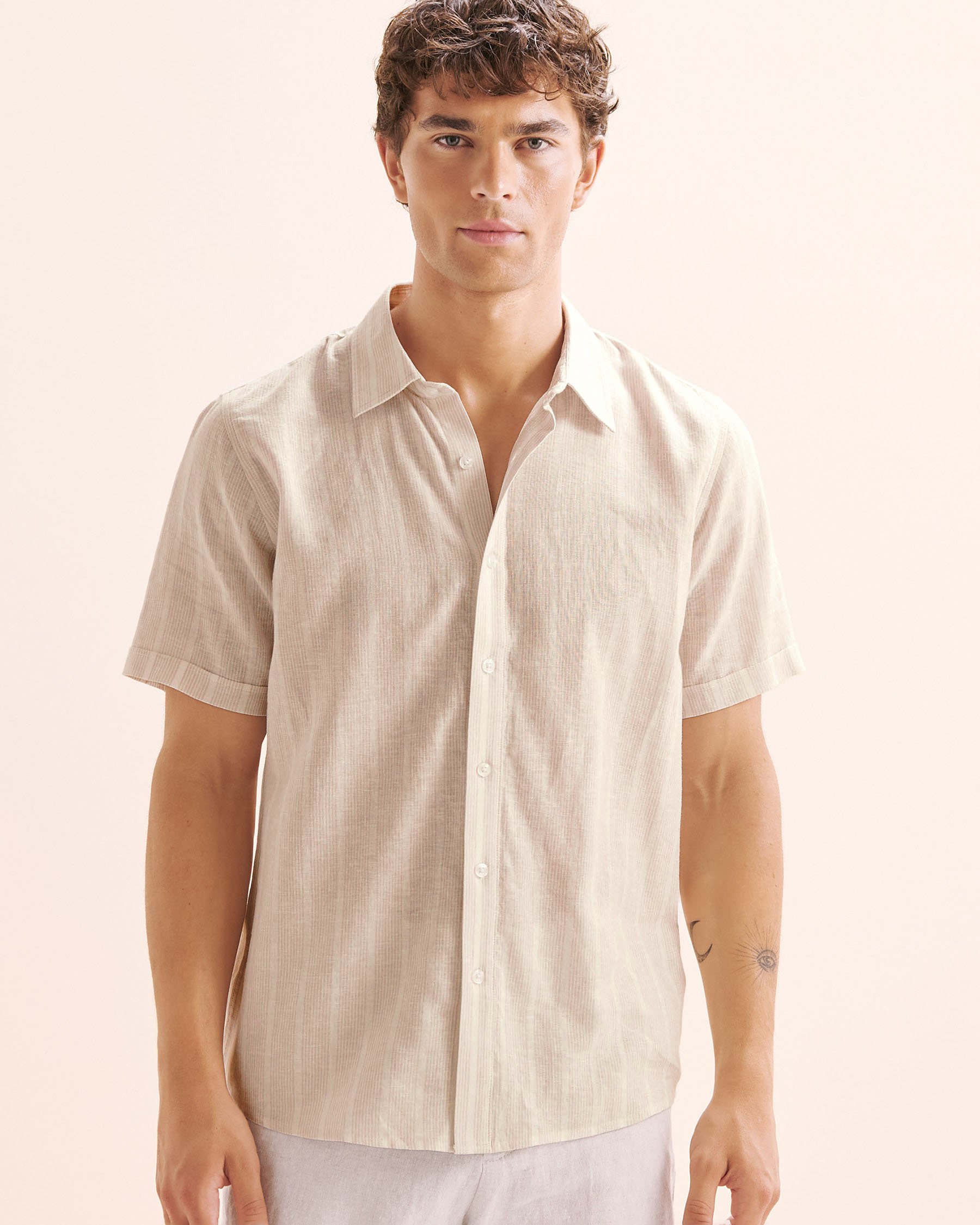 PUBLIC BEACH Chemise en mélange de lin rayé Beige PB8218BIK - Voir4