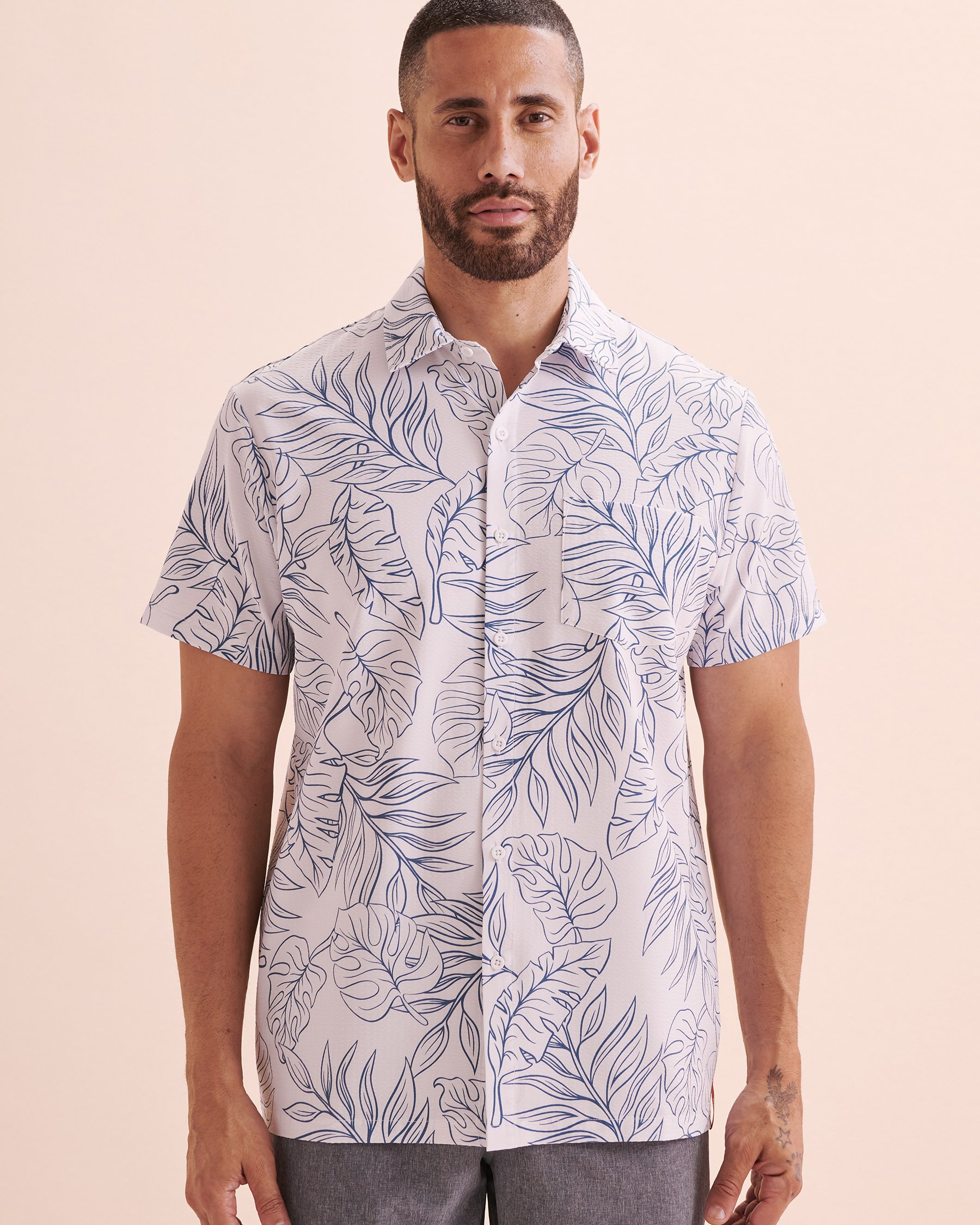 HAMABE Short Sleeve Shirt White Tropical Leaves 04100027 - View6