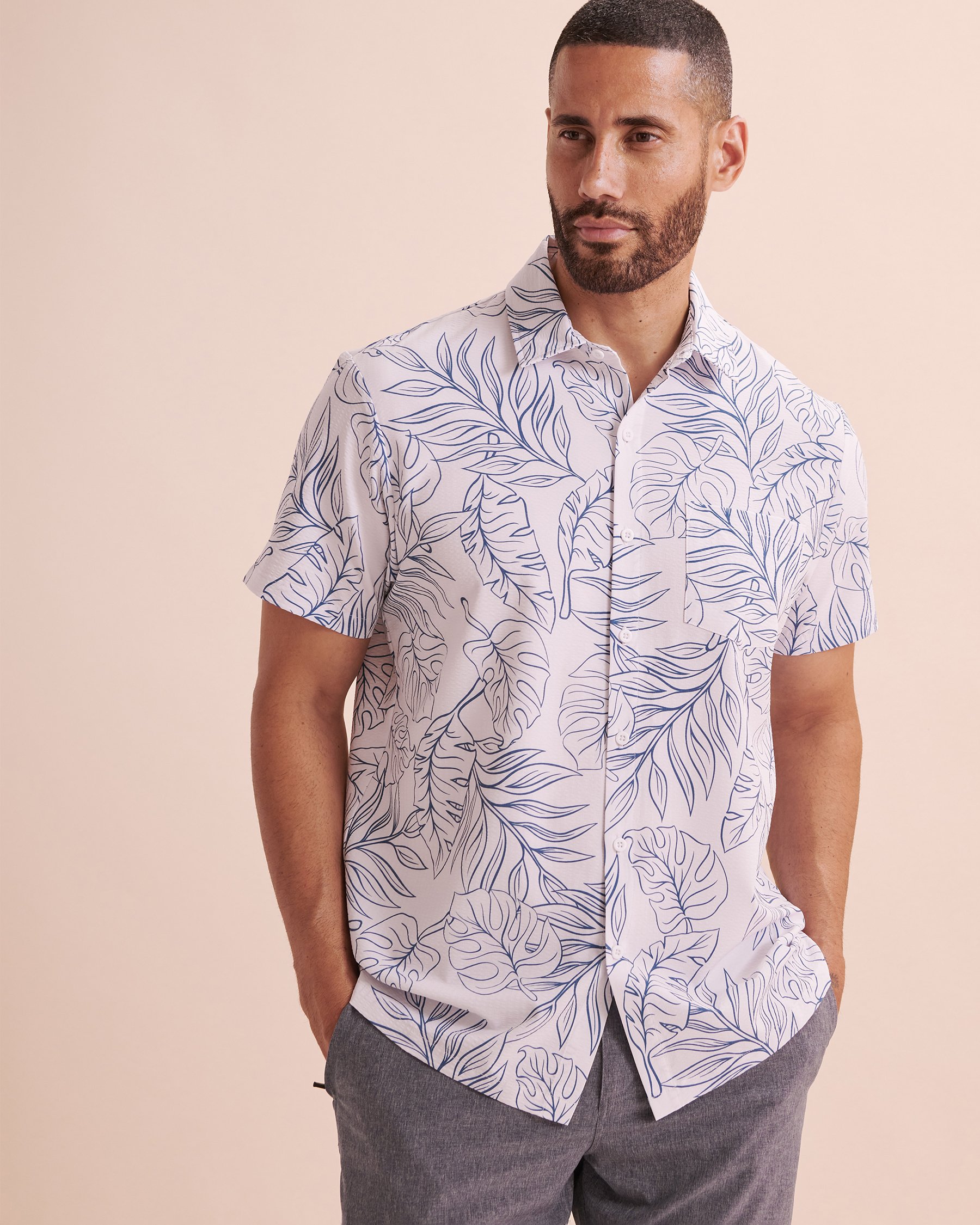 HAMABE Short Sleeve Shirt White Tropical Leaves 04100027 - View3