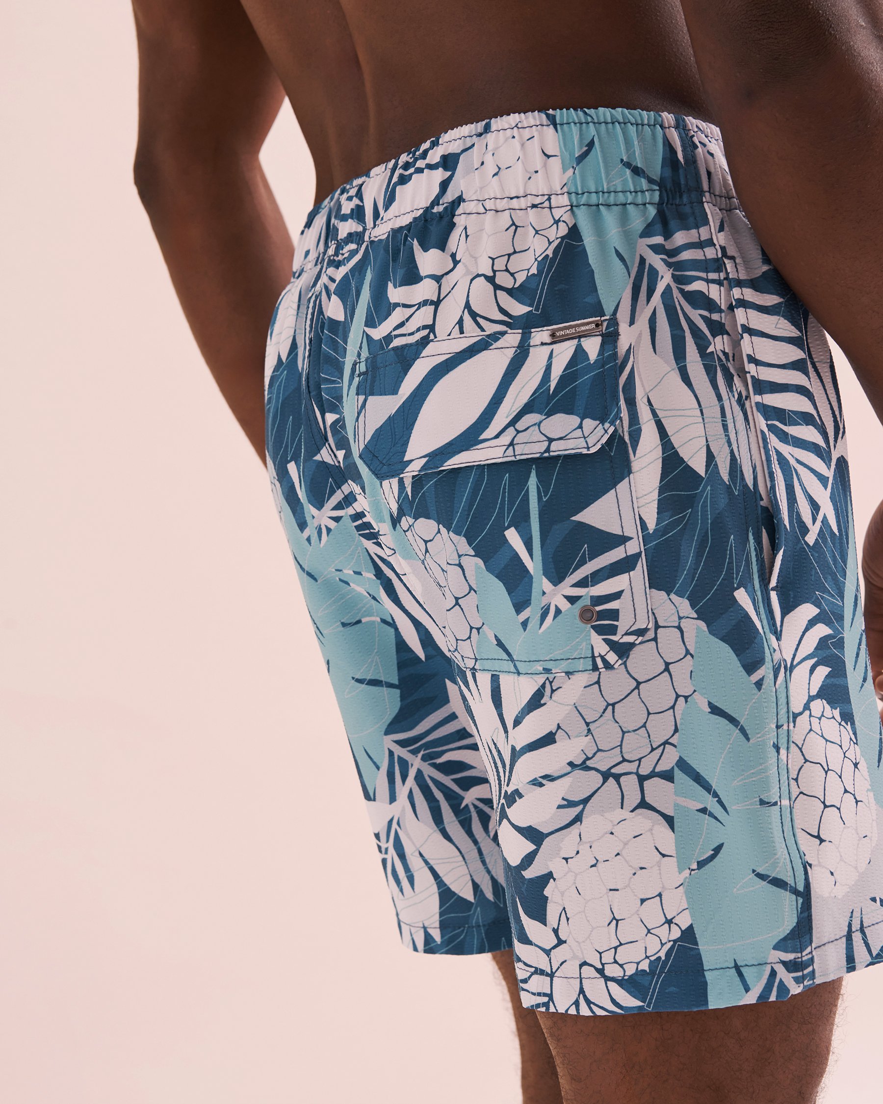 VINTAGE SUMMER Seersucker Volley Swimsuit Tropical Blue Print V80702 - View3