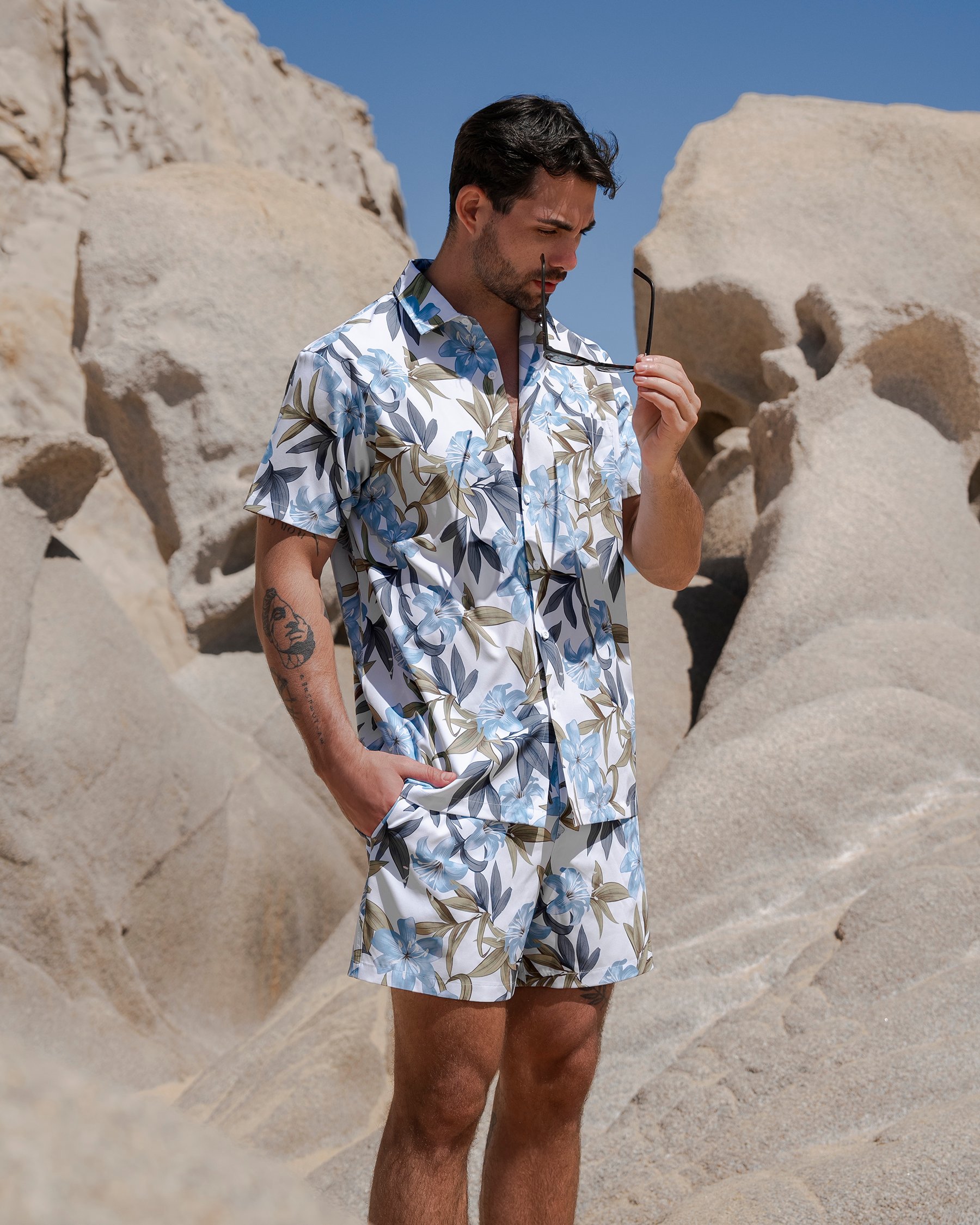 HAMABE Short Sleeve Shirt Brillant white and blue 04100030 - View1