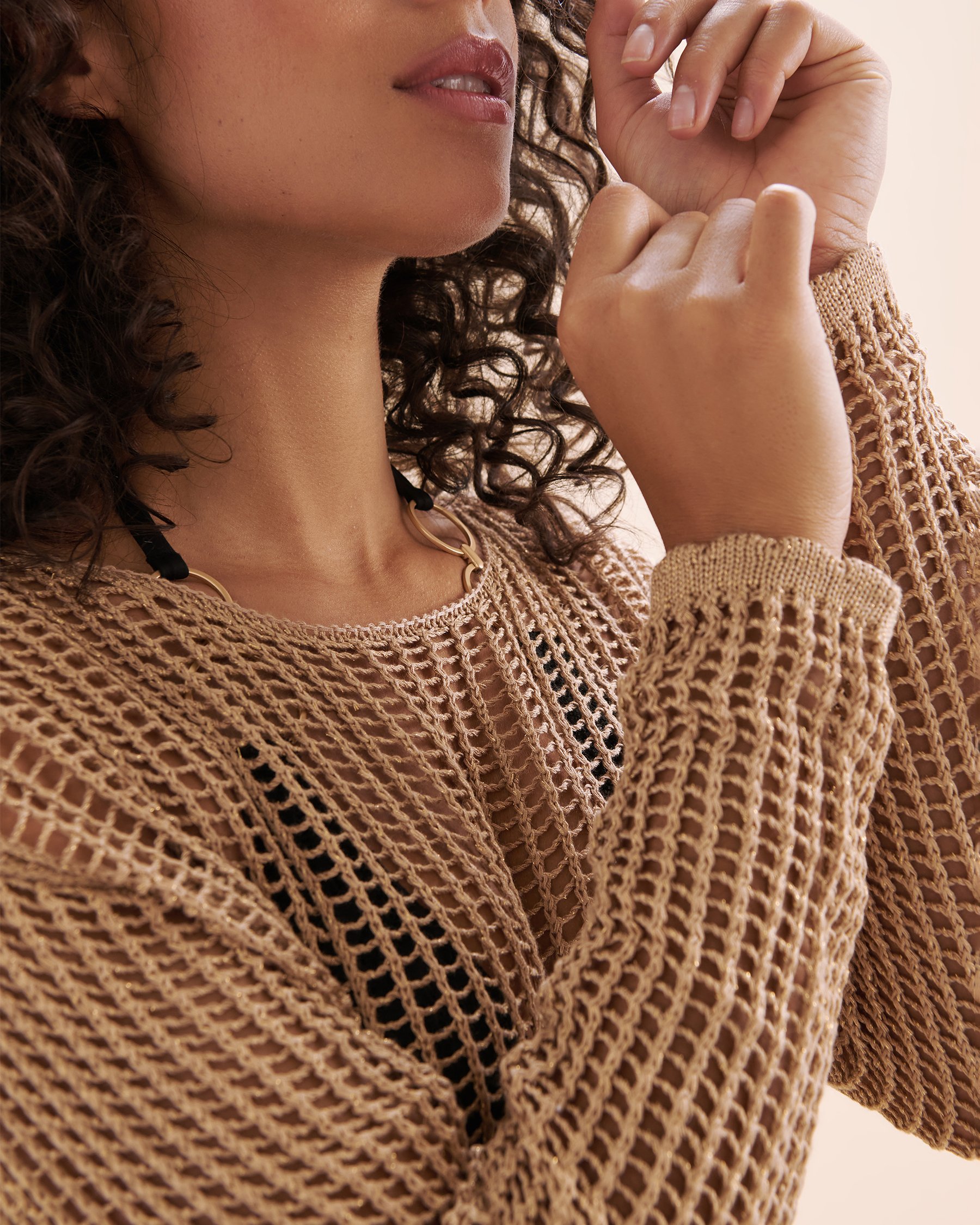 SANTEMARE Crochet Long Sleeve Top Mesa Tan Beige 02100035 - View3