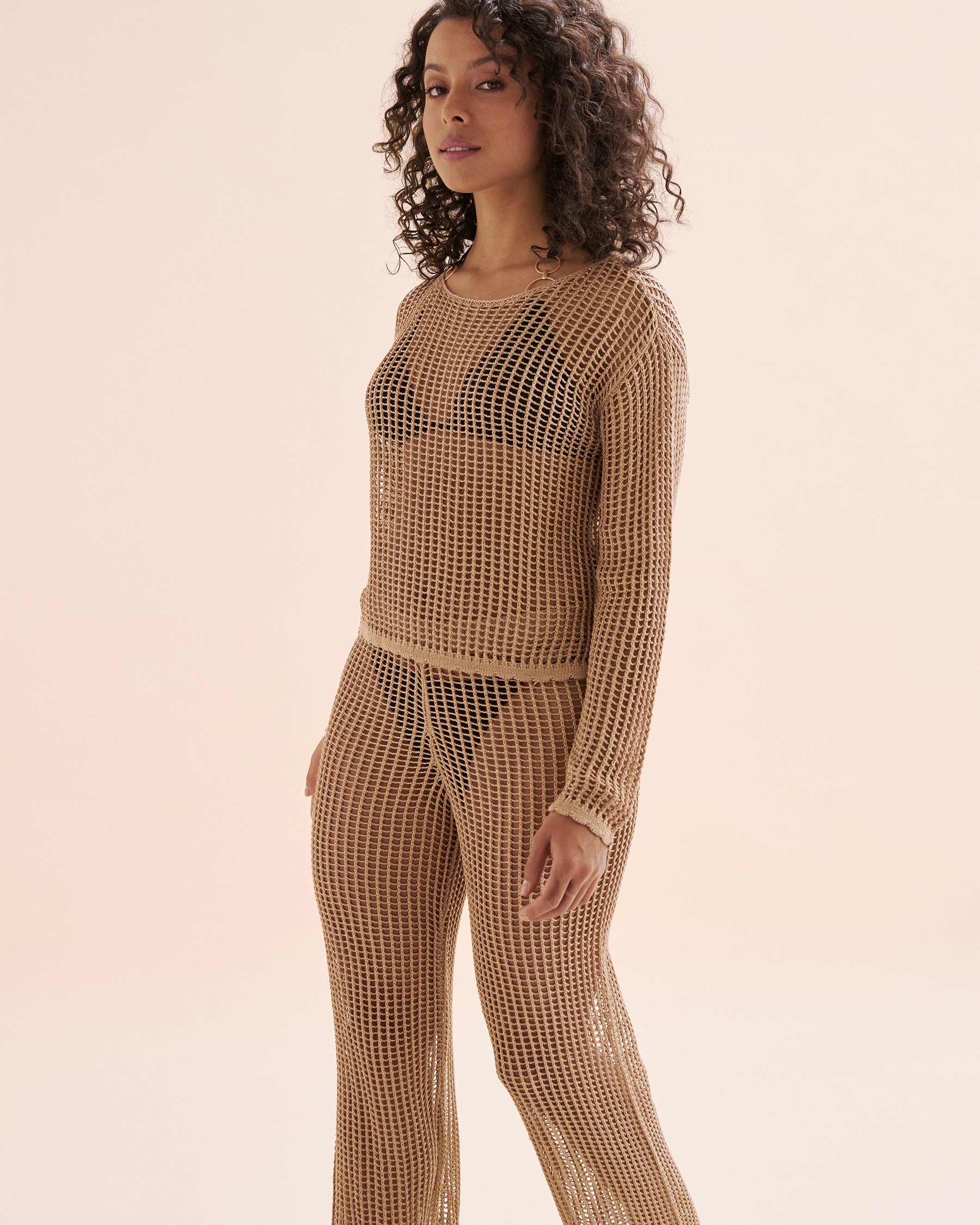 SANTEMARE Crochet Long Sleeve Top Mesa Tan Beige 02100035 - View5