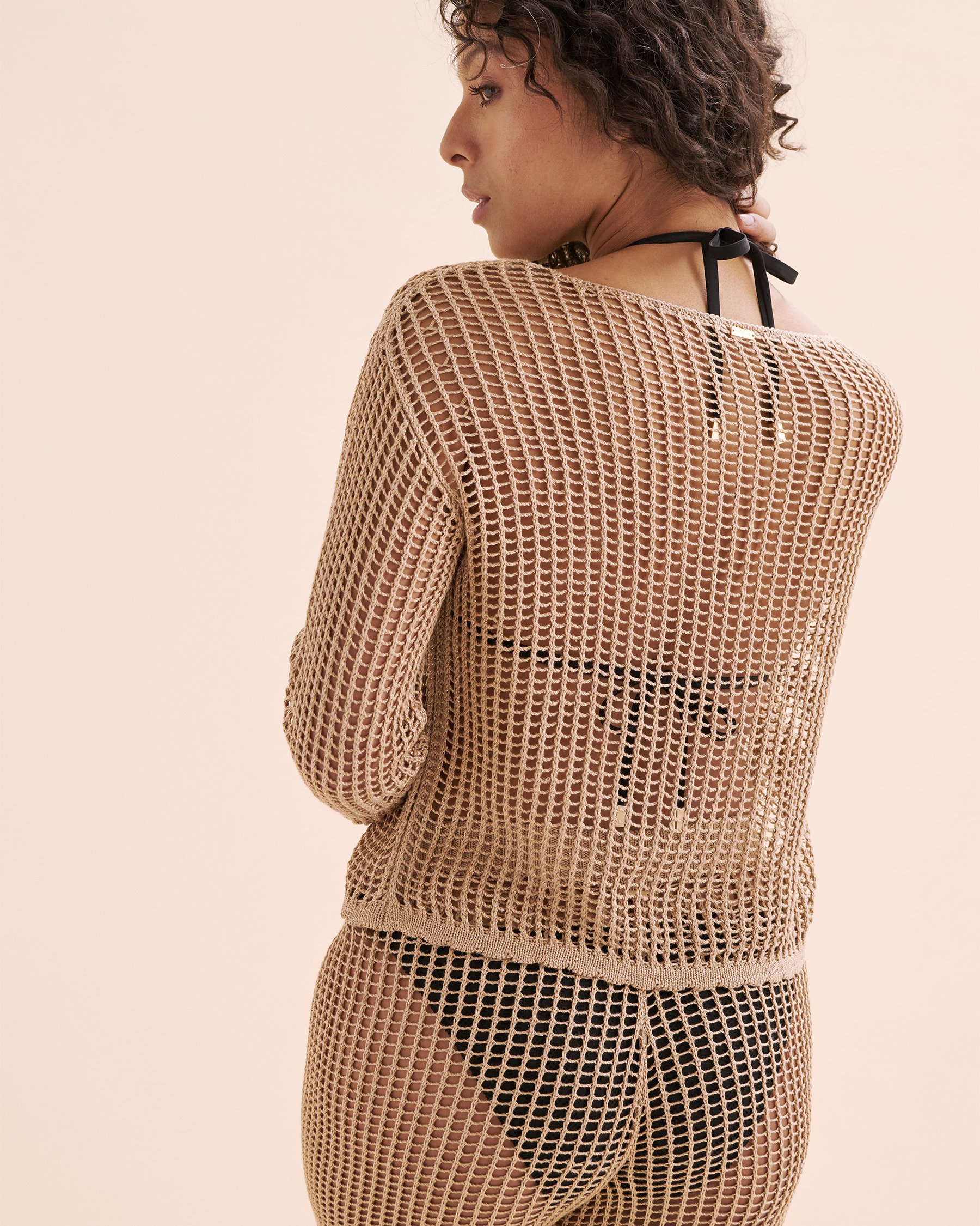 SANTEMARE Crochet Long Sleeve Top Mesa Tan Beige 02100035 - View2