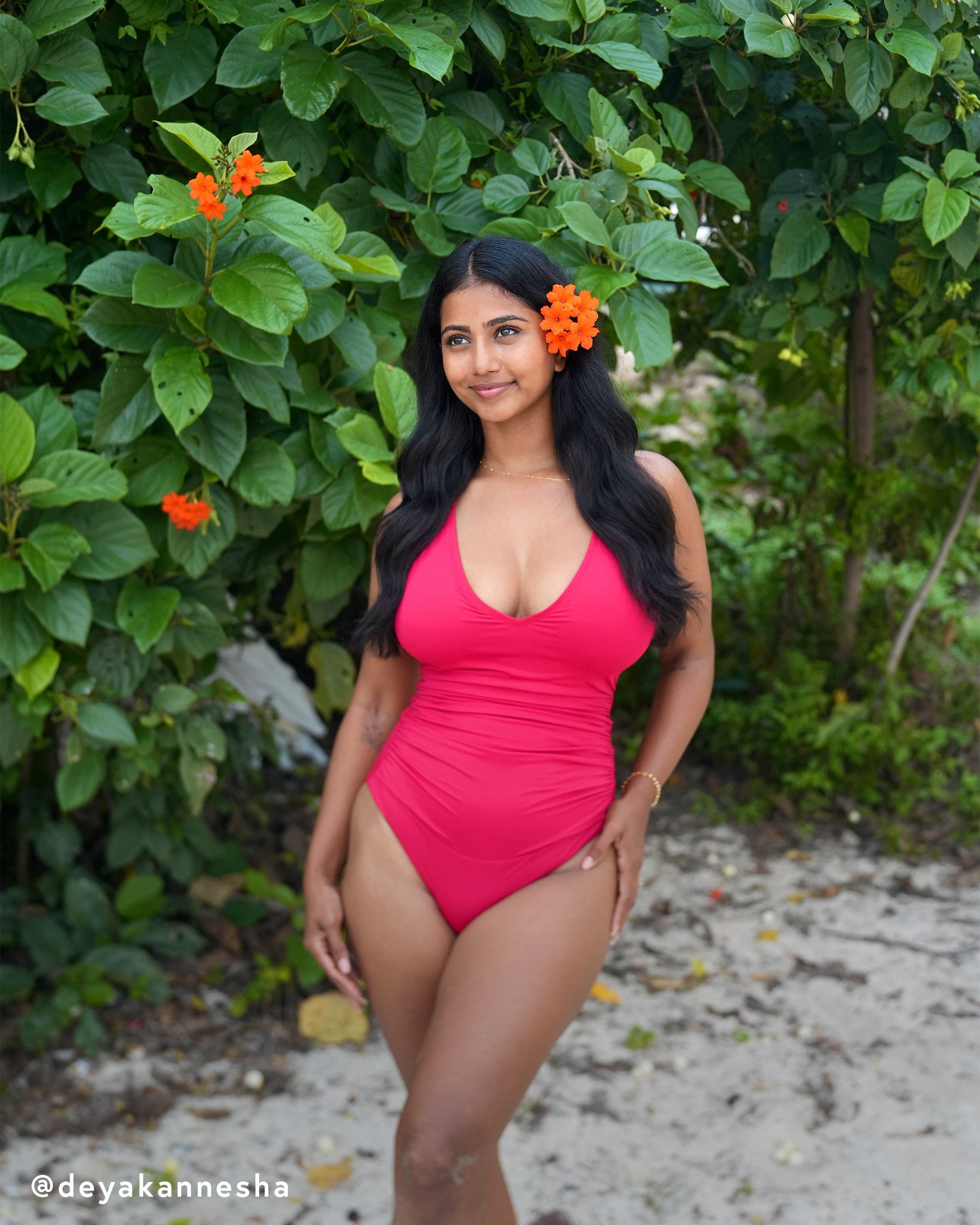 Deya in the Anne Cole red one-piece Swimsuit