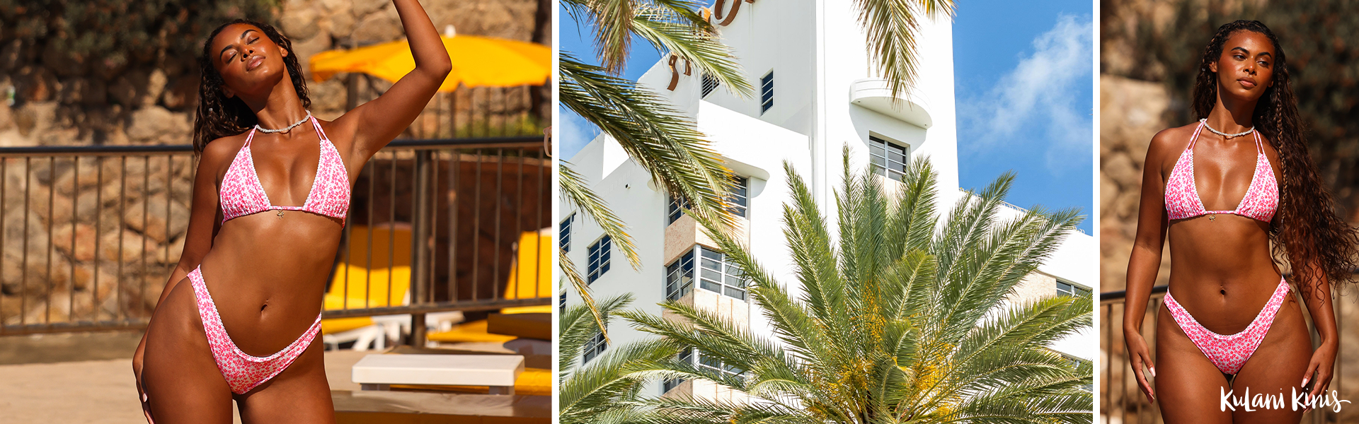 A woman wearing a pink lovebug triangle bikini top from Kulani Kinis – Bikini Village 