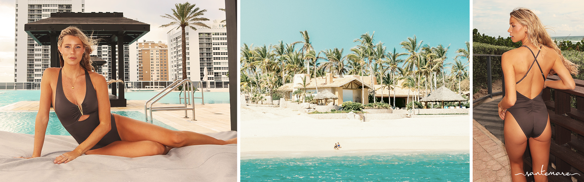 A woman wearing a Luxurious Night one-piece swimsuit in brown from Santemare – Bikini Village 