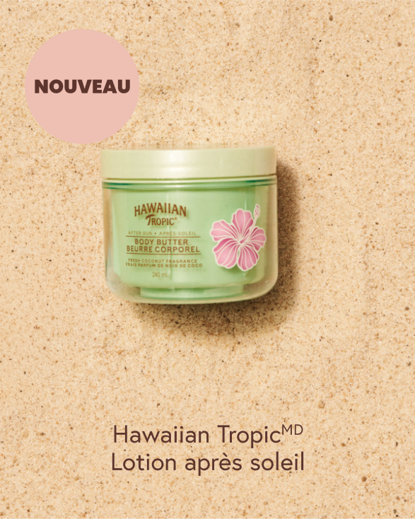 Pot de beure Après-Soleil d’Hawaiian Tropic sur le sable
