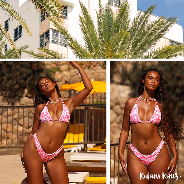 A woman wearing a pink lovebug triangle bikini top from Kulani Kinis – Bikini Village 