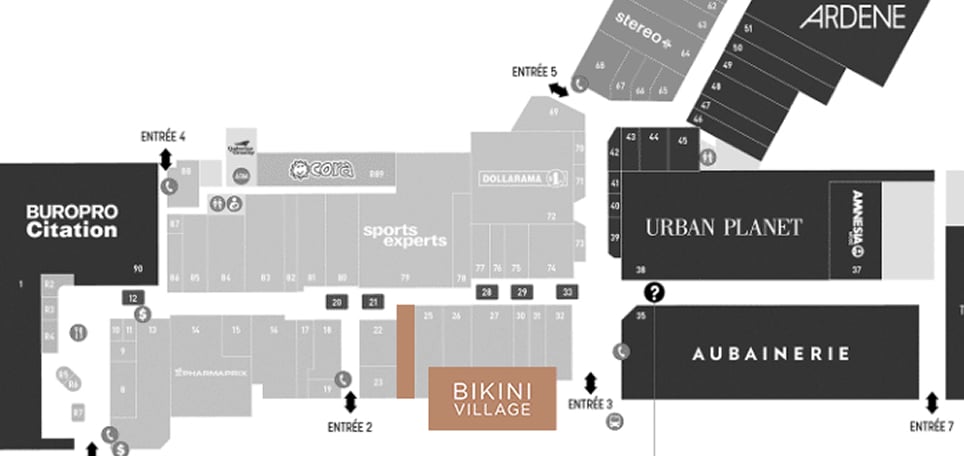Carte des Galeries de Granby - où trouver la boutique Bikini Village