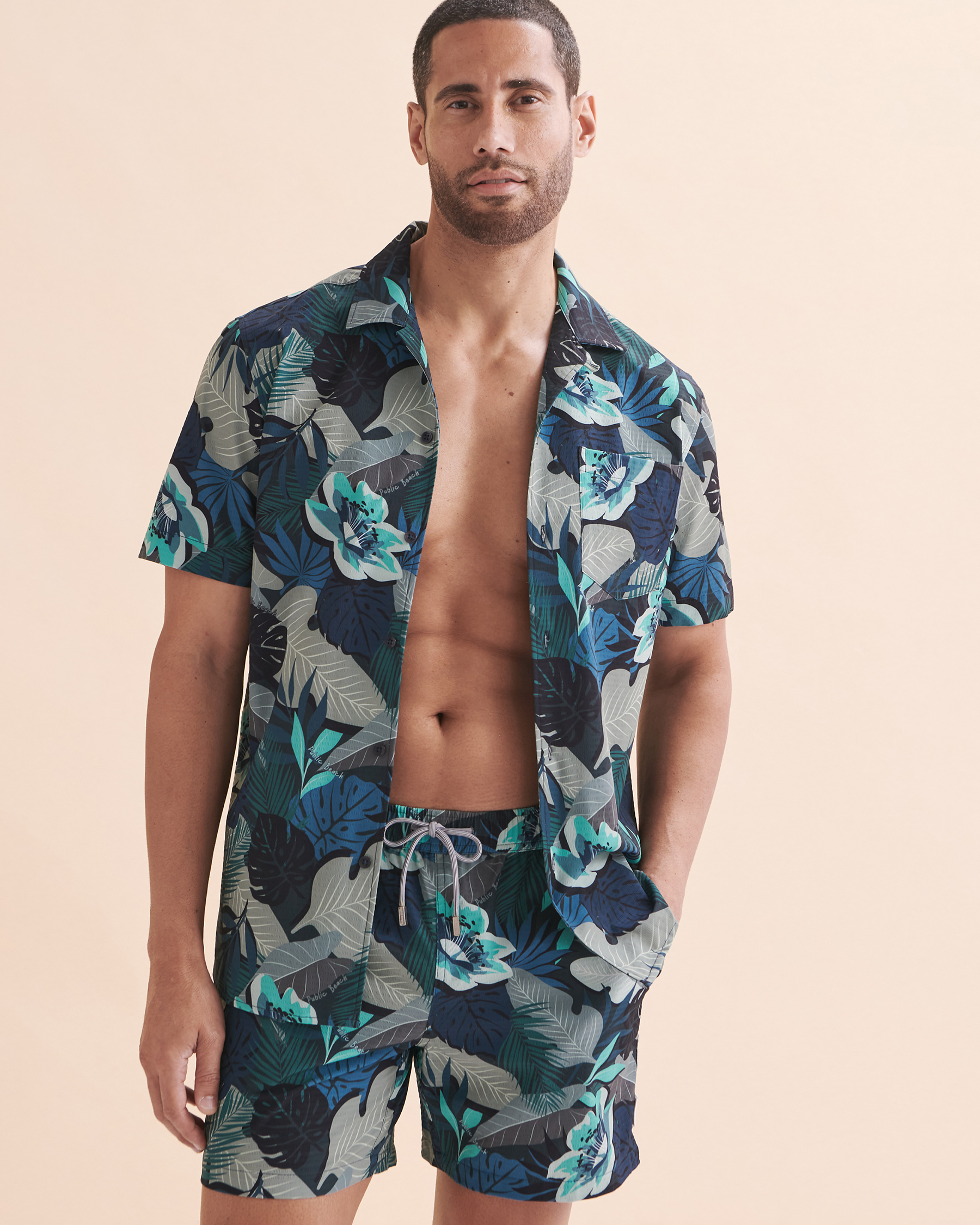 PUBLIC BEACH Short Sleeve Shirt Dark Blue Leaves PB6204BIK - View1