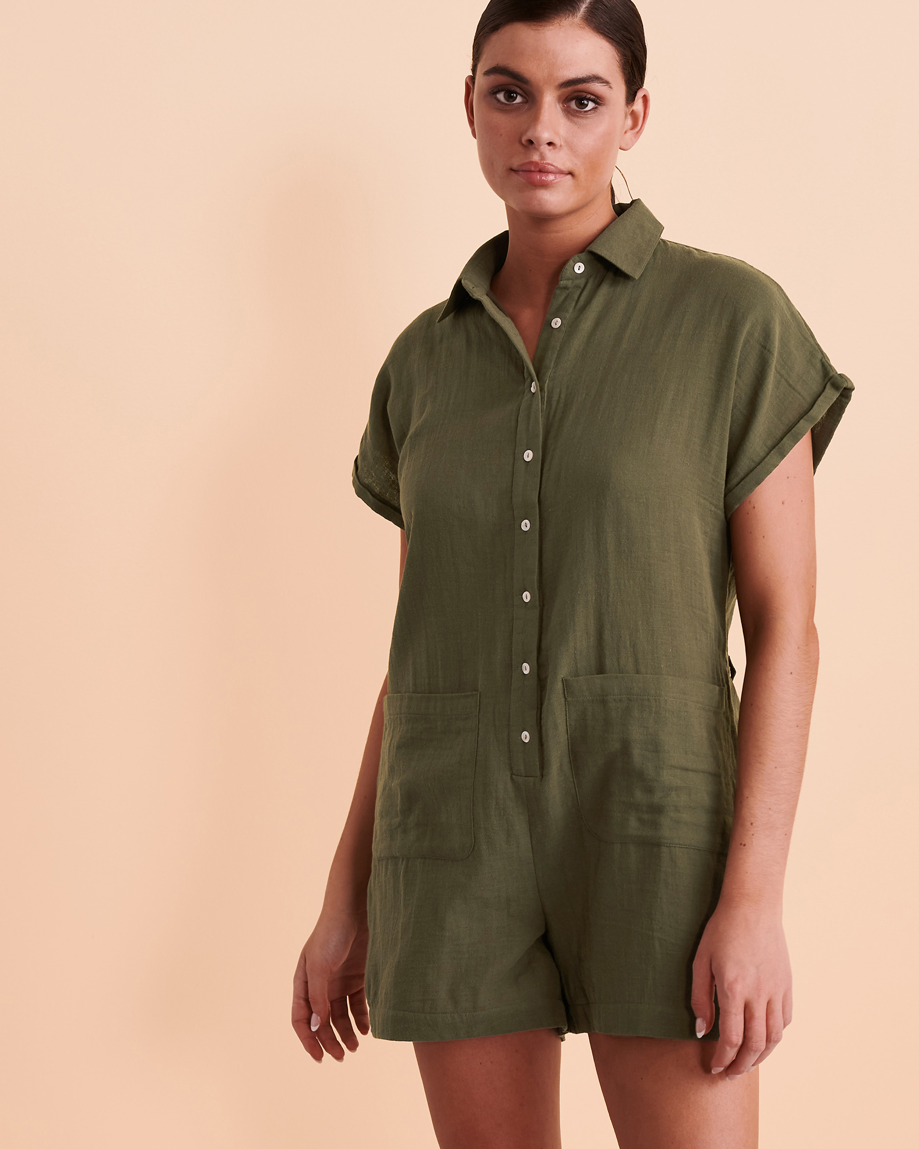 COVER ME Button-down Romper Khaki 22026287 - View1